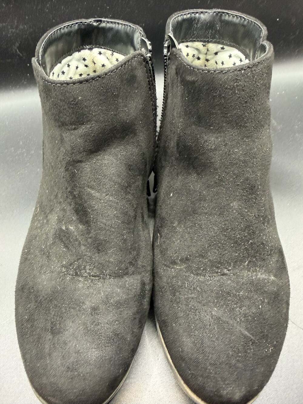 Ankle Boots Size 1 Black Faux Suede Side Zip Star Lining